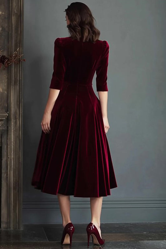 Burgundy V-Neck A Line Midi Velvet Holiday Party Dress