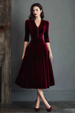 Burgundy V-Neck A Line Midi Velvet Holiday Party Dress