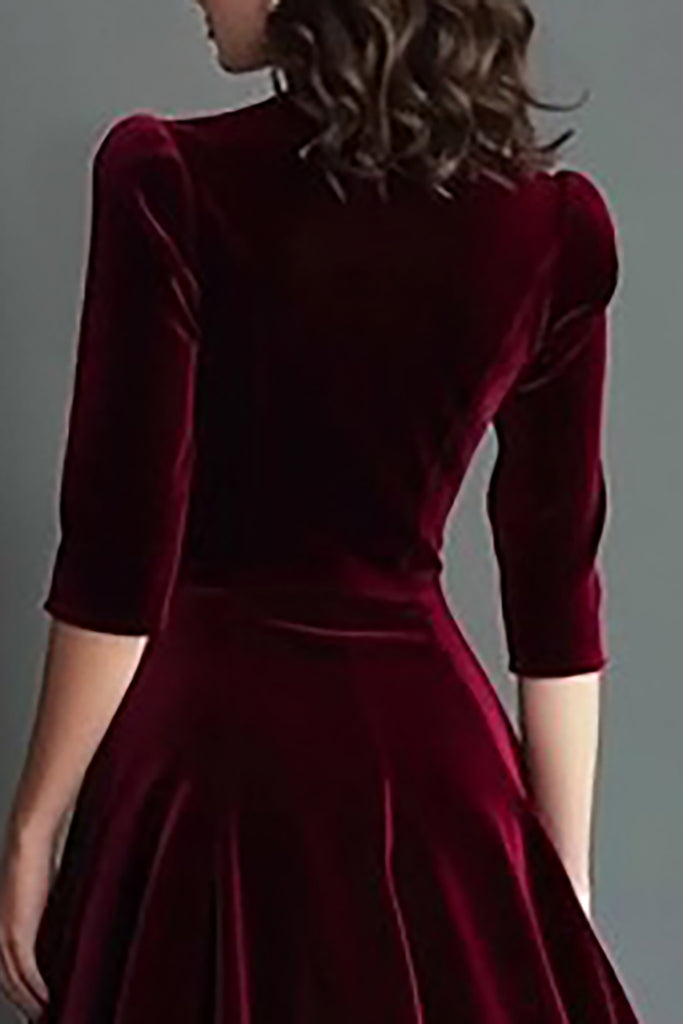 Zapakasa Women Burgundy A Line Midi Velvet Holiday Party Dress V-Neck