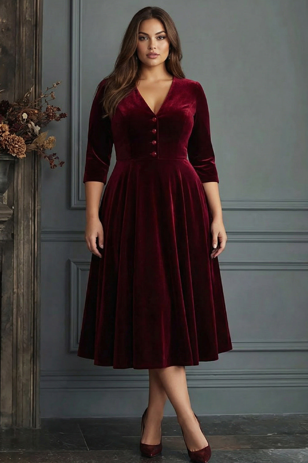 Zapakasa Women Burgundy A Line Midi Velvet Holiday Party Dress V-Neck