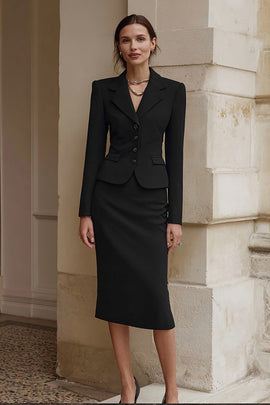 Black 2 Piece Single Breasted Pencil Midi Business Suits