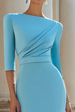 Light Blue Bodycon Boat Neck Ruched Midi Work Dress with Slit