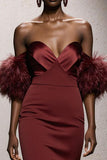 Burgundy Sweetheart Satin Mermaid Long Gala Dress with Feathers
