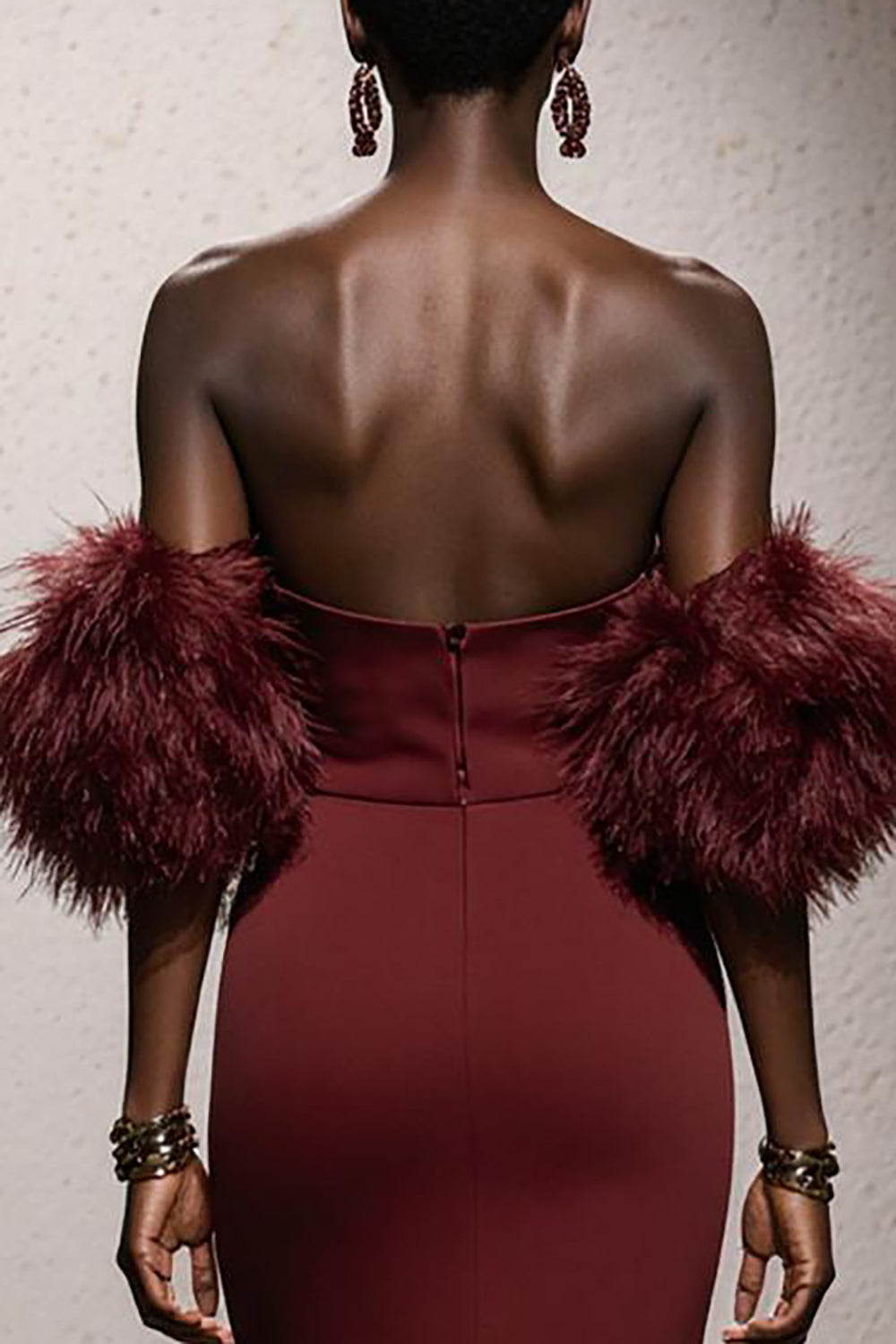 Burgundy Sweetheart Satin Mermaid Long Gala Dress with Feathers