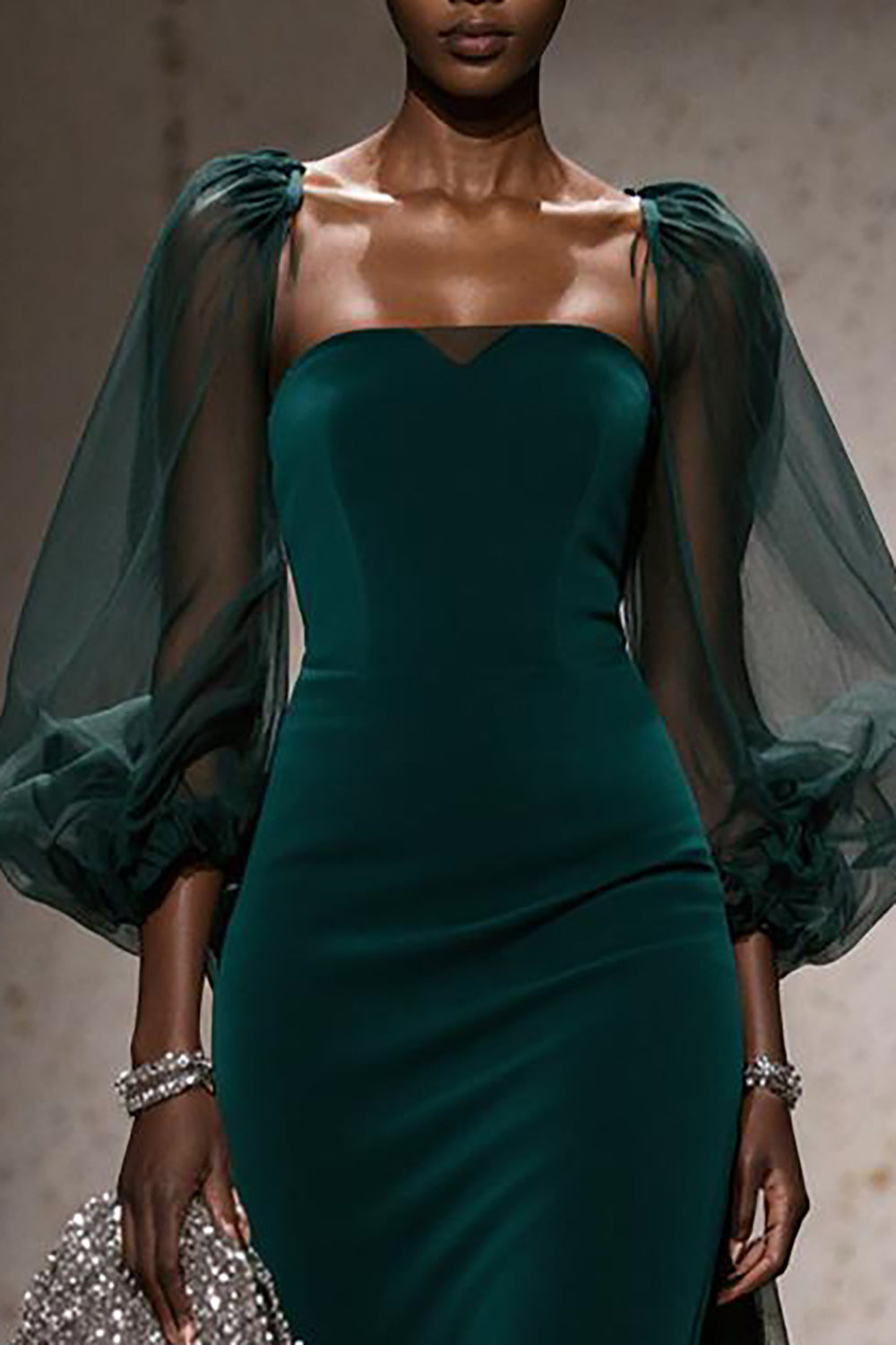 Dark Green Square Neck Mermaid Long Gala Dress with Sleeves