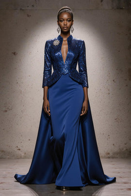 Sparkly Royal Blue High Neck Sequin Mermaid Long Pageant Dress with Cape