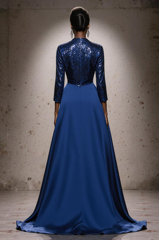 Sparkly Royal Blue High Neck Sequin Mermaid Long Pageant Dress with Cape