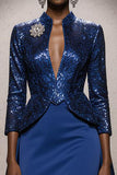 Sparkly Royal Blue High Neck Sequin Mermaid Long Pageant Dress with Cape