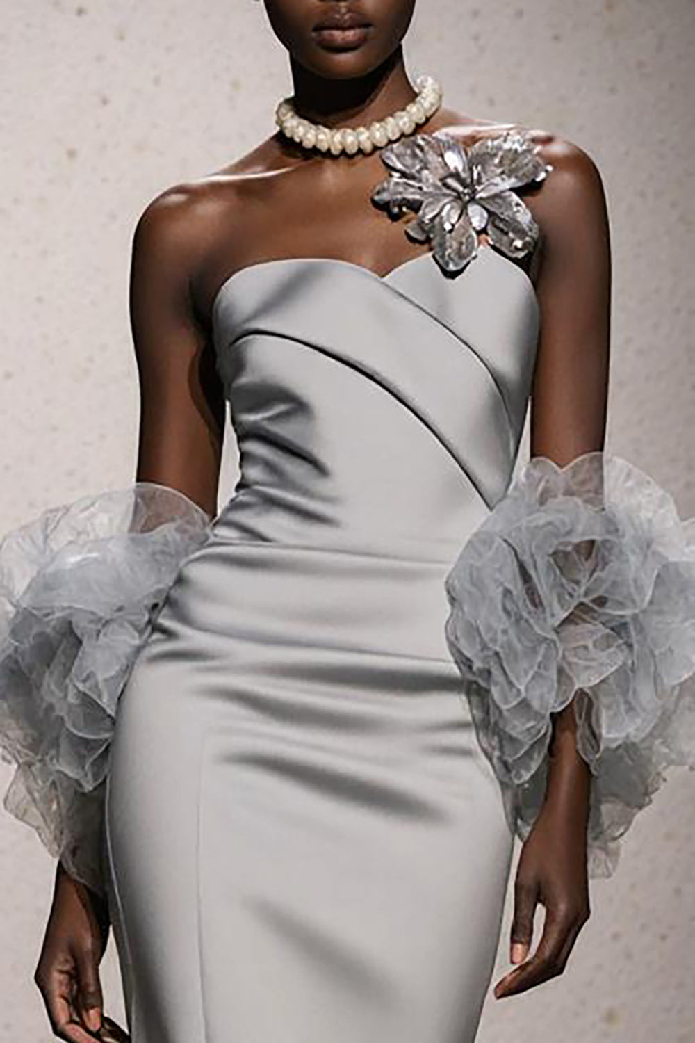 Silver Sweetheart Satin Ruched Mermaid Long Formal Dress