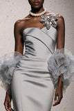 Silver Sweetheart Satin Ruched Mermaid Long Formal Dress