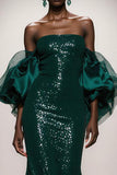 Sparkly Dark Green Strapless Sequin Mermaid Long Gala Dress with Sleeves