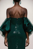 Sparkly Dark Green Strapless Sequin Mermaid Long Gala Dress with Sleeves