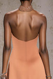 Sparkly Orange Halter Satin Mermaid Long Pageant Dress with Beading