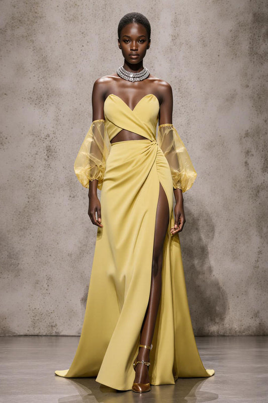 Daffodil Sweetheart Satin Mermaid Long Formal Dress with Sleeves