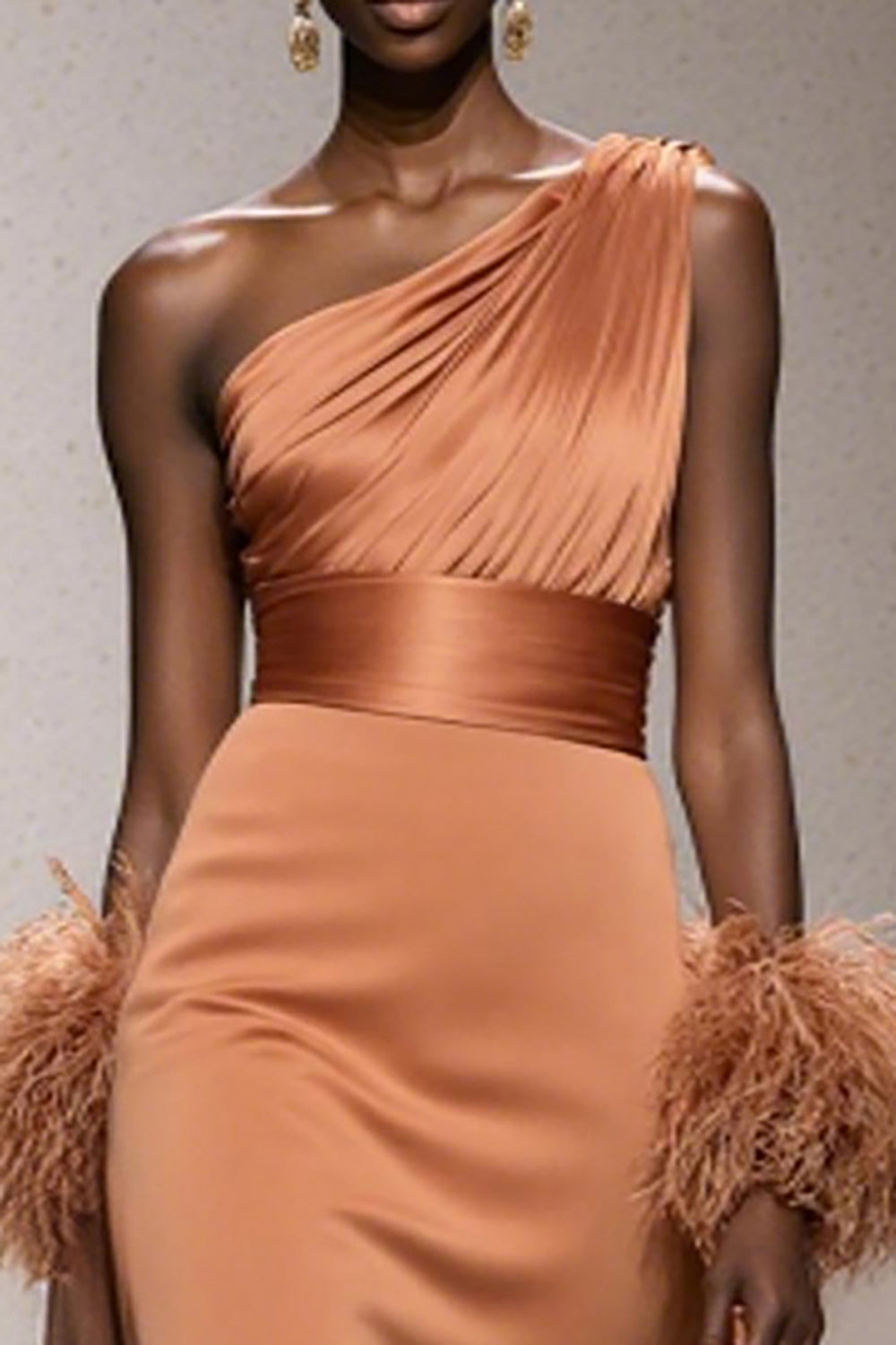 Orange One Shoulder Satin Mermaid Long Formal Dress with Feathers