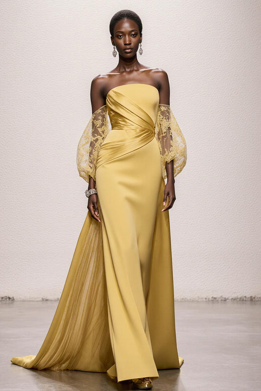 Daffodil Strapless Satin Ruched Mermaid Long Pageant Dress with Sleeves