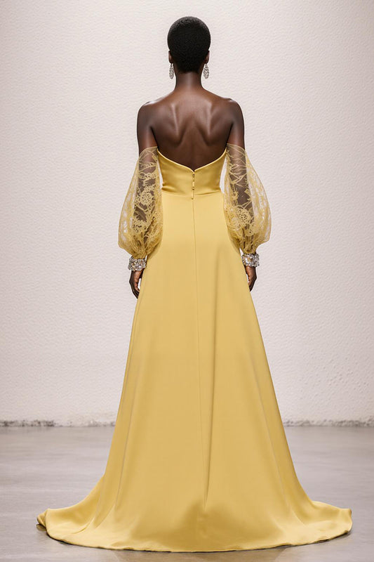 Daffodil Strapless Satin Ruched Mermaid Long Pageant Dress with Sleeves