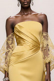 Daffodil Strapless Satin Ruched Mermaid Long Pageant Dress with Sleeves