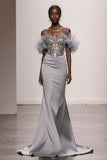 Sparkly Silver Off the Shoulder Satin Mermaid Long Pageant Dress with Sequins