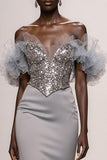 Sparkly Silver Off the Shoulder Satin Mermaid Long Pageant Dress with Sequins