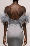 Sparkly Silver Off the Shoulder Satin Mermaid Long Pageant Dress with Sequins