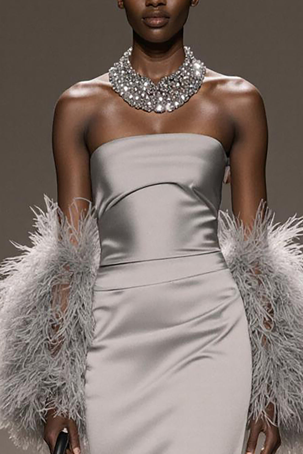 Silver Satin Strapless Mermaid Long Formal Dress with Slit