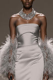 Silver Satin Strapless Mermaid Long Formal Dress with Slit