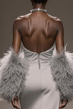 Silver Satin Strapless Mermaid Long Formal Dress with Slit