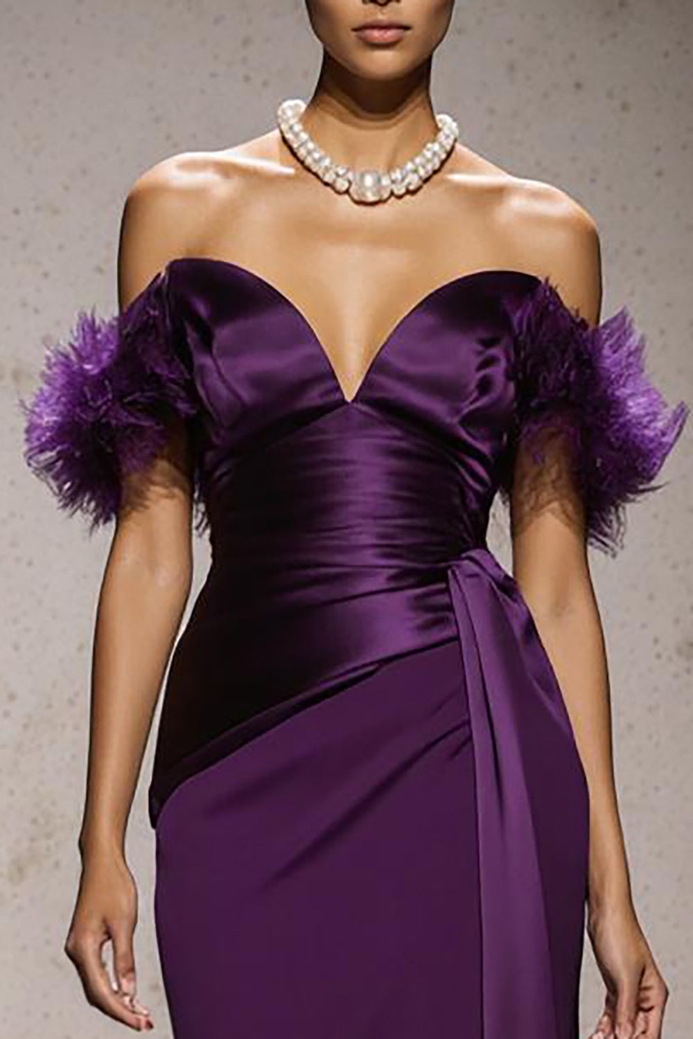 Purple Satin Off the Shoulder Mermaid Long Formal Dress with Feathers