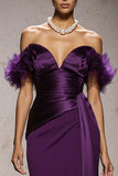 Purple Satin Off the Shoulder Mermaid Long Formal Dress with Feathers