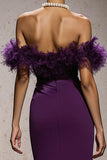 Purple Satin Off the Shoulder Mermaid Long Formal Dress with Feathers