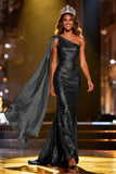 Sparkly Gold Sequin Mermaid Long Pageant Dress with Side Cape