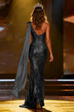 Sparkly Gold Sequin Mermaid Long Pageant Dress with Side Cape