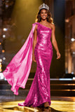 Sparkly Gold Sequin Mermaid Long Pageant Dress with Side Cape