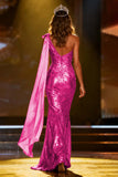 Sparkly Gold Sequin Mermaid Long Pageant Dress with Side Cape