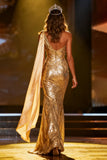 Sparkly Gold Sequin Mermaid Long Pageant Dress with Side Cape