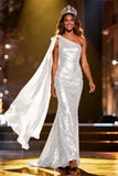 Sparkly Gold Sequin Mermaid Long Pageant Dress with Side Cape
