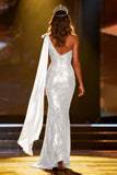 Sparkly Gold Sequin Mermaid Long Pageant Dress with Side Cape