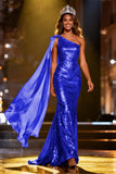 Sparkly Gold Sequin Mermaid Long Pageant Dress with Side Cape