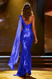 Sparkly Gold Sequin Mermaid Long Pageant Dress with Side Cape