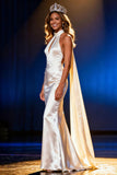 White Mermaid Halter Satin Long Pageant Dress with Cape
