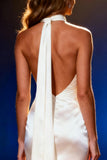 White Mermaid Halter Satin Long Pageant Dress with Cape
