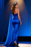 Royal Blue One Shoulder Satin Mermaid Long Pageant Dress with Cape