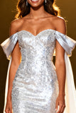 Sparkly Silver Off the Shoulder Sequin Long Pageant Dress with Cape