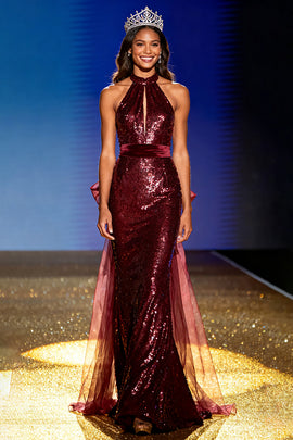 Sparkly Burgundy Halter Sequin Mermaid Long Pageant Dress with Bow