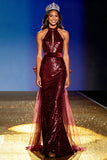 Sparkly Burgundy Halter Sequin Mermaid Long Pageant Dress with Bow