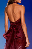Sparkly Burgundy Halter Sequin Mermaid Long Pageant Dress with Bow