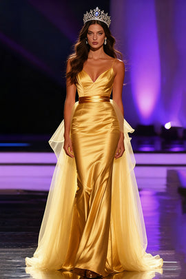 Yellow Satin Spaghetti Straps Mermaid Long Pageant Dress with Cape