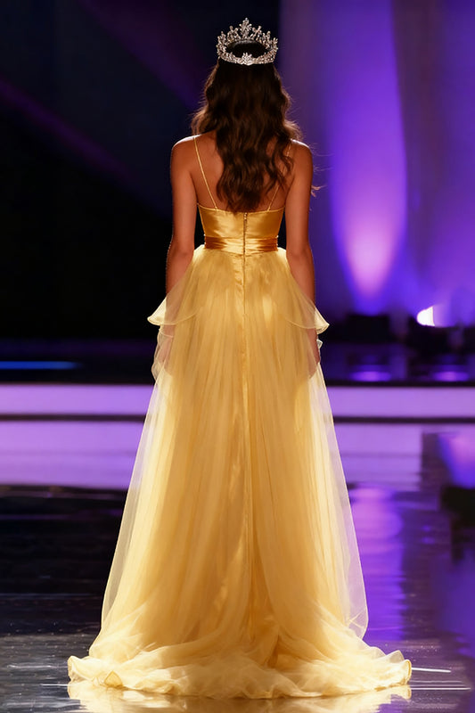 Yellow Satin Spaghetti Straps Mermaid Long Pageant Dress with Cape