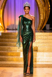 Sparkly Dark Green Sequin One Shoulder Long Pageant Dress with Slit